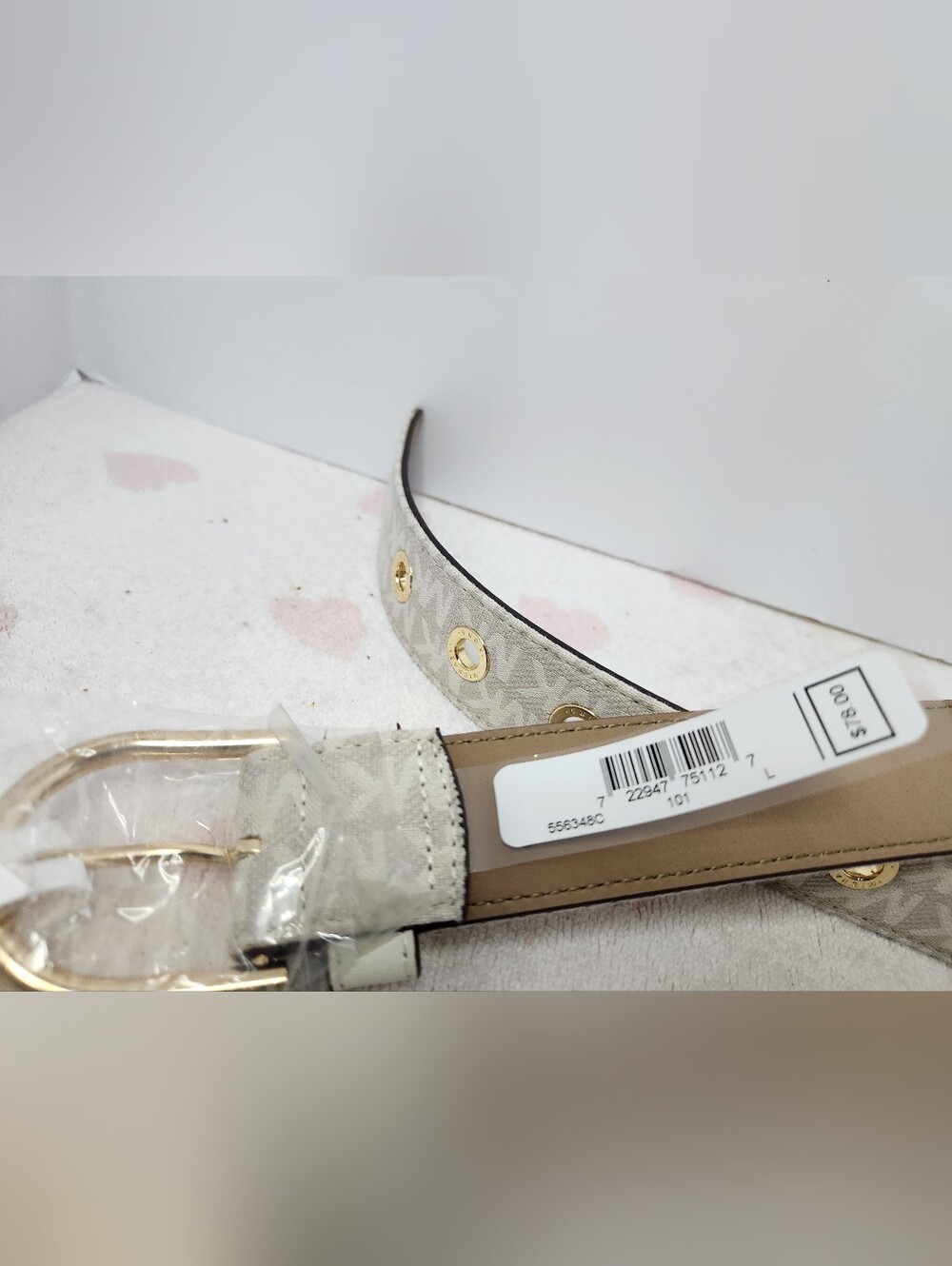 Michael Kors Beige Signature Logo Belt with White Trim and Gold Buckle - Picture 7 of 7
